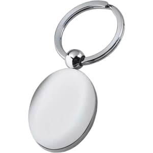 A silver key ring with a smooth, oval pendant, featuring a shiny, reflective surface and a round attachment.