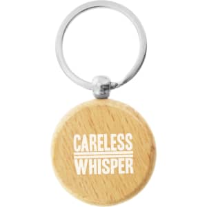A wooden round key ring with a silver metal attachment, featuring a logo on one side.