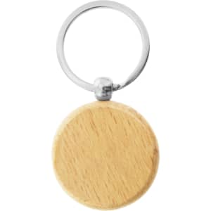A wooden round key ring with a silver metal keychain connector. The wood has a natural finish.