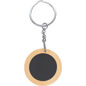 A round bamboo keyring with a silver metal keychain, featuring a blank black centre.