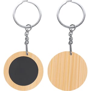 A round bamboo keyring with a silver metal keychain attachment and a black circular section on one side.