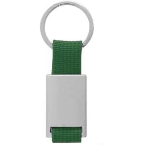 A green keyring with a silver metal attachment and a woven strap. The keyring features a logo.