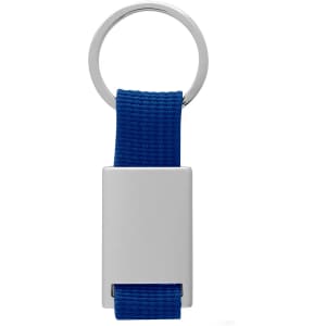 A blue fabric key ring with a silver rectangular metal section and an attached keyring.