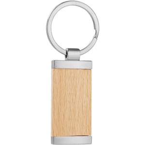 A wooden panel key ring with silver metal accents and a circular attachment.
