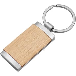 A wooden key ring with a silver metal frame and keychain loop, featuring a light timber panel.