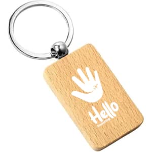 A wooden rectangular key ring with a silver metal loop and a handprint and text design.