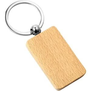A wooden key ring with a rectangular shape and a silver metal keychain attachment.