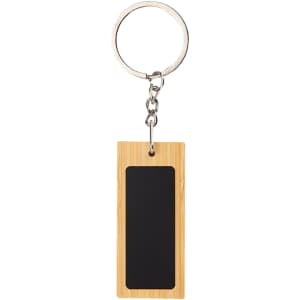 A rectangular bamboo keyring with a black centre, attached to a silver keychain.