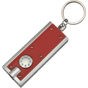 A red and silver torch key ring with a keychain attachment, featuring a button and small light.