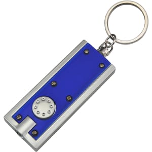 A blue and silver key ring in the shape of a torch, featuring a round button and a metal keychain attachment.
