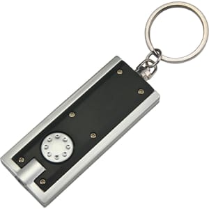 A keyring torch featuring a sleek black and silver design with a circular button and a keychain attachment.