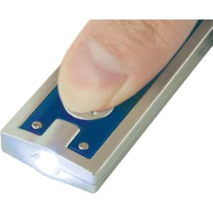 A silver keyring torch with a blue accent, featuring a push-button for activation.