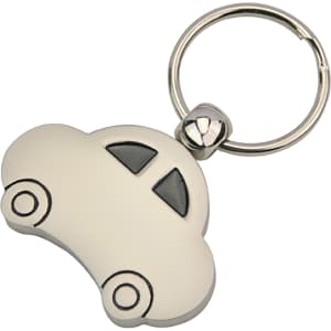 A silver car-shaped keyring with black details and a metal keyring attachment.