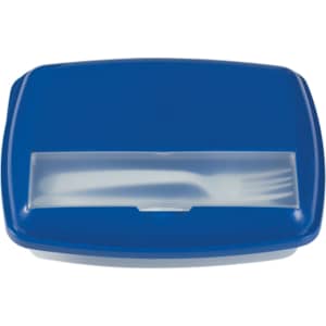 A blue three-section lunch box with a transparent lid and included fork and knife.