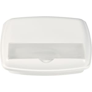 A white 3-section lunch box with a transparent lid, featuring a smooth surface and a simple design.