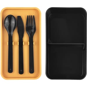 A black and yellow bamboo lunch box with compartments and black cutlery: spoon, fork, and knife.