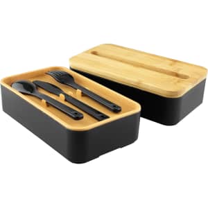 A black bamboo lunch box with a bamboo lid, featuring utensils in orange inserts. Includes a fork, spoon, and knife.