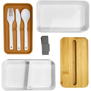 A bamboo lunch box pack featuring a bamboo lid, white containers, cutlery in white, and a grey securing strap.