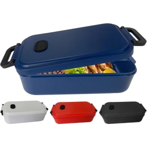 A lunch box in navy blue with a black handle, featuring a removable lid. Available in grey, red, and black options.