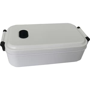 A white lunch box with a secure lid and black clips, featuring a small circular opening on top.