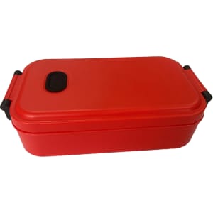 A red lunch box with a secure lid and handles. Designed for carrying food, features a logo.