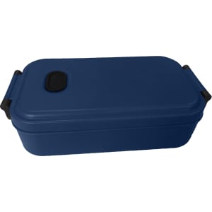 A navy blue lunch box with a lid and side handles. It features a logo on the exterior.