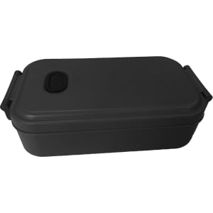 A black lunch box with a secure lid and handles. The product features a simple, sleek design.