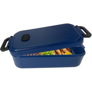 A navy blue lunch box with a lid slightly open, revealing compartments filled with food and a small logo.