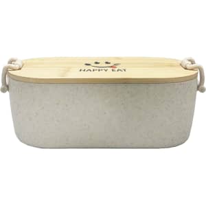 A bamboo lunch box in cream with a wooden lid. It features a logo on the top and has side handles.