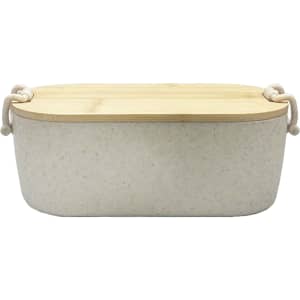 A bamboo lunch box in light grey with a bamboo lid and decorative handles. Includes a logo on the side.