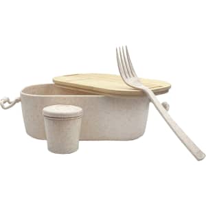 A bamboo lunch box in natural tones with a fork and a small container. The box has a bamboo lid and features a logo.