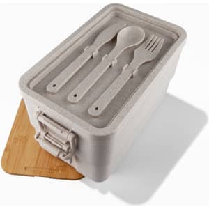 A rectangular bamboo stackable lunch box in light grey, featuring a bamboo lid and cutlery set inside.