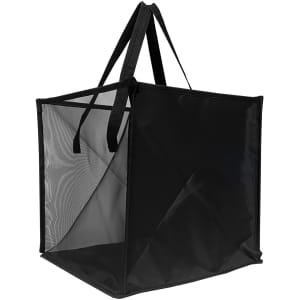 A black laundry basket featuring mesh sides and sturdy handles for easy carrying. It has a simple, modern design.