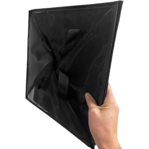 A black laundry basket with a triangular shape and handles, made of durable material. It features a logo.