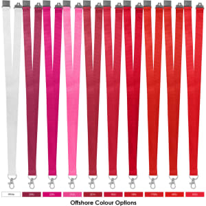A range of 20mm polyester lanyards in various colours including white, pink, and shades of red, with metal clips.