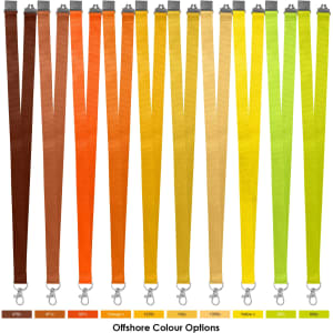 A selection of polyester lanyards in various colours, including brown, orange, yellow, and green, with metal clips.