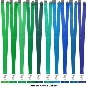 Polyester lanyards in various shades of green and blue, featuring clip attachments and a logo.