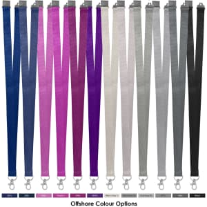 Various polyester lanyards in shades of blue, purple, grey, and black, featuring clips and a range of lengths.