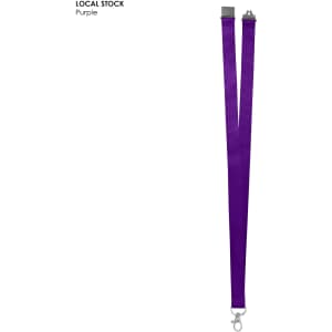 A purple polyester lanyard, 20mm wide, featuring a clip and an attached logo or branding.