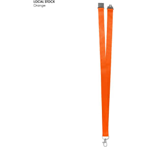 An orange Polyester lanyard, 20mm wide, featuring a clip and a logo, suitable for events and exhibitions.