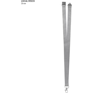 A silver 20mm polyester lanyard with a clip, featuring a logo and a simple design.
