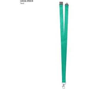 A teal polyester lanyard, 20mm wide, featuring a clip for attachments and a logo.