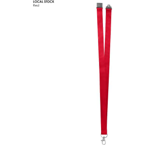 Red polyester lanyard, 20mm wide, featuring a clip for attachment and a logo. Ideal for events and exhibitions.