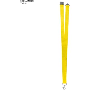 A yellow polyester lanyard, 20mm wide, featuring a clip and a logo, ideal for exhibitions and events.