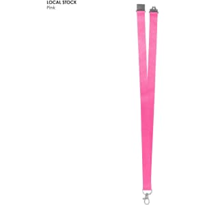 A pink polyester lanyard, 20mm wide, featuring a clip and a branded logo. Suitable for exhibitions and events.