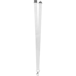 A white lanyard featuring a silver clip and plastic attachments, designed for holding ID cards or badges.