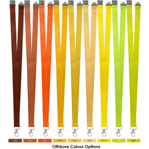 Various colours of tubular lanyards, including brown, orange, yellow, and green, displayed with clips and branding.