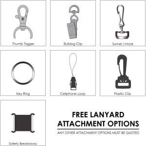A graphic featuring various lanyard attachment options, including clips, rings, and a safety breakaway.