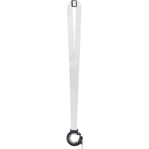 A drink bottle sling lanyard in white with a black attachment for holding a bottle. Features a branding logo.