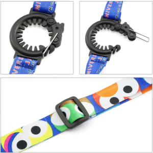 A drink bottle sling lanyard in blue and multicoloured designs, featuring a sturdy clip and adjustable strap.